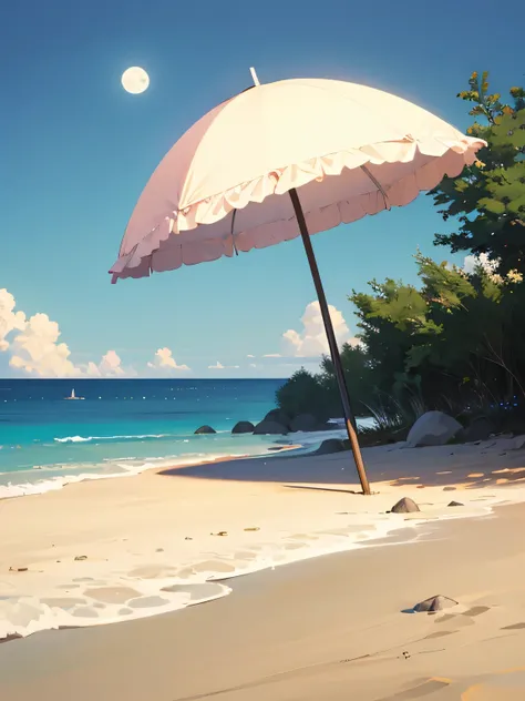 Background, without any people, Sandy Beach, eye level shot, sea,  parasol,  moon