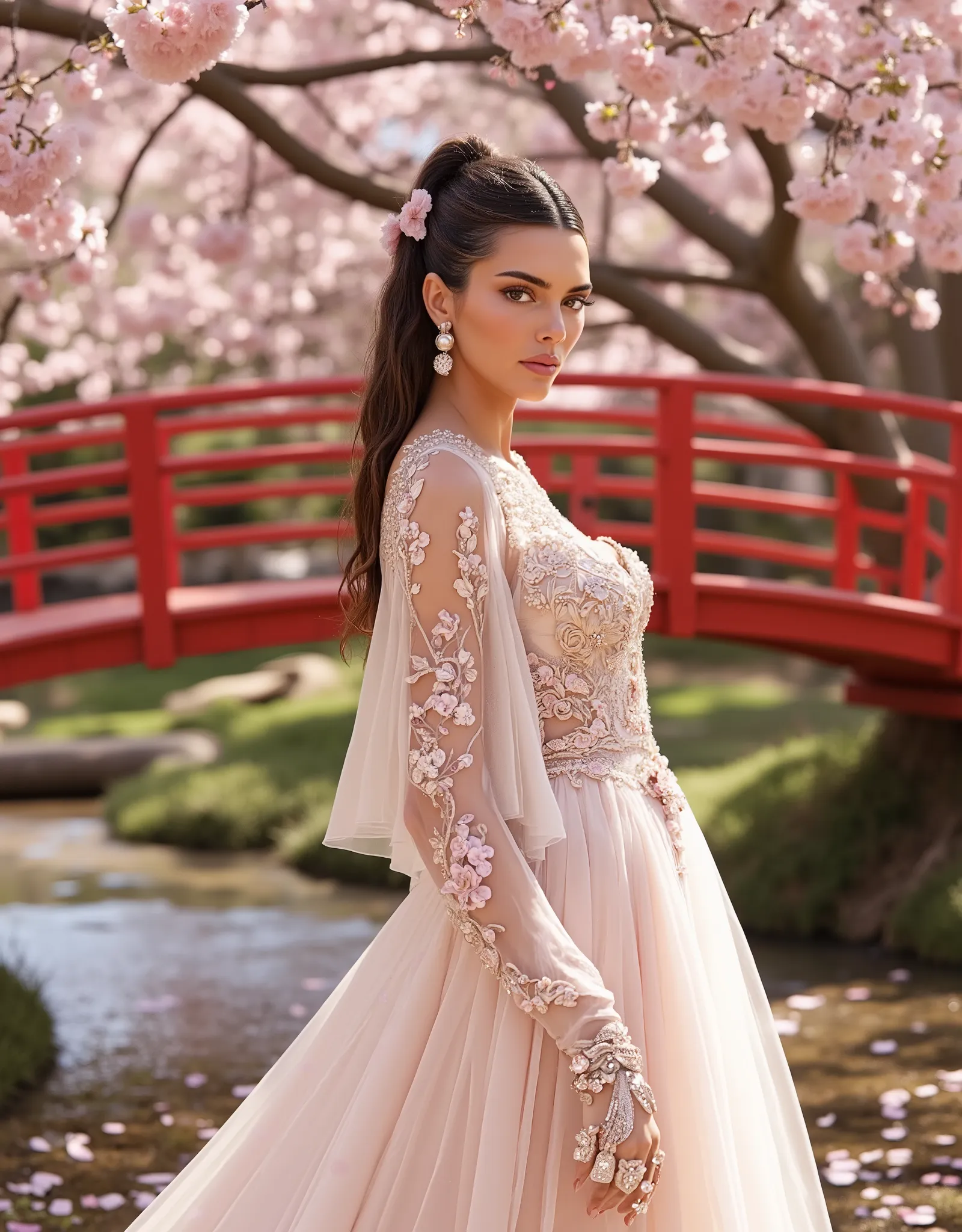 "A charming Egyptian bride, wearing a modern cherry blossom theme wedding look, showing her elegance and sexy from a full body perspective. Hair style combines traditional Egyptian elegance and modern fashion, high ponytail with natural micro-credded hair ...