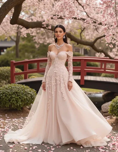 "A charming Egyptian bride, wearing a modern cherry blossom theme wedding look, showing her elegance and sexy from a full body perspective. Hair style combines traditional Egyptian elegance and modern fashion, high ponytail with natural micro-credded hair ...
