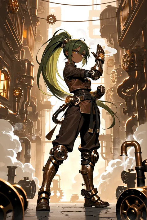 steampunk, A steampunk female martial artist with tanned brown skin, wearing steam-powered mechanical gauntlets and greaves made of gears, pipes, and exhaust vents. Her long green hair is tied back in a high ponytail. She stands in a Chinese kung fu stance...