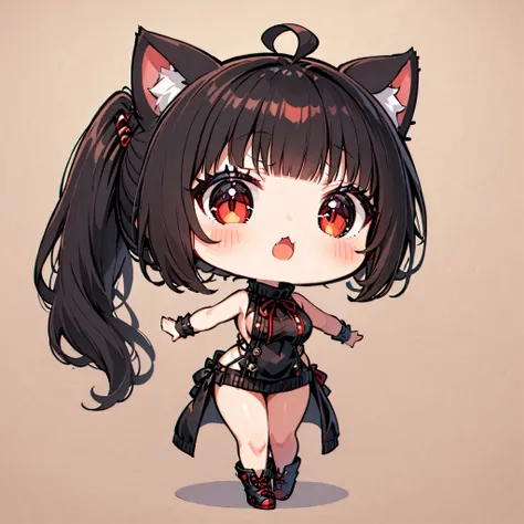 ((only one girl)), A dynamic ,  Illustration of vocaloid chibi,  full body, head on, solo,  junkotvv, big breasts, ((cat girl, cat ears)) ((One multicolorido black hair, (Ahoge), straight bangs,)), Long hair, ((beautiful red eyes)) sharp eye, Beautiful ski...