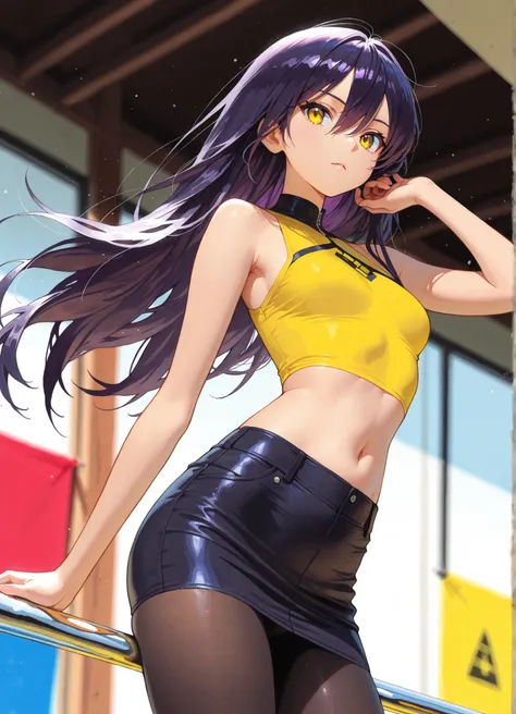 1girl, Nyann, long hair, yellow eyes, dark purple hair, hair between eyes,tight cropped skirt,black tights,yellow sleeveless shirt, midriff tops,navel,depth of field, fake traditional media, Picturesque, Impressionism, masterpiece, high score,  Great score...