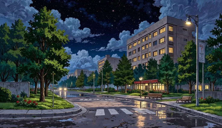 landscape, street, USSR vibes, panel buildings:2.5, panelki:2.5, many floors, many green trees, dark night, moon, stars:2.5, summer, puddles on the asphalt, cloudy:1.5, grass, crossroad:1.5, cracks in the asphalt:0.5, soviet-style concrete fence:0.15, flow...