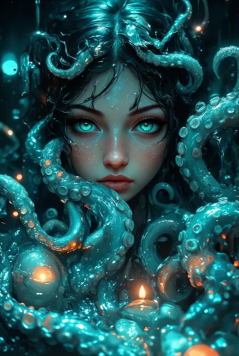 Piercingly sharp style, animanigi, 3pic_vist4, A pair of beautiful shining turquoise eyes framed by thick and very long wet eyelashes appear directly above the midnight surface of the ocean, framed by tangled wet black hair and tentacles of a giant octopus...