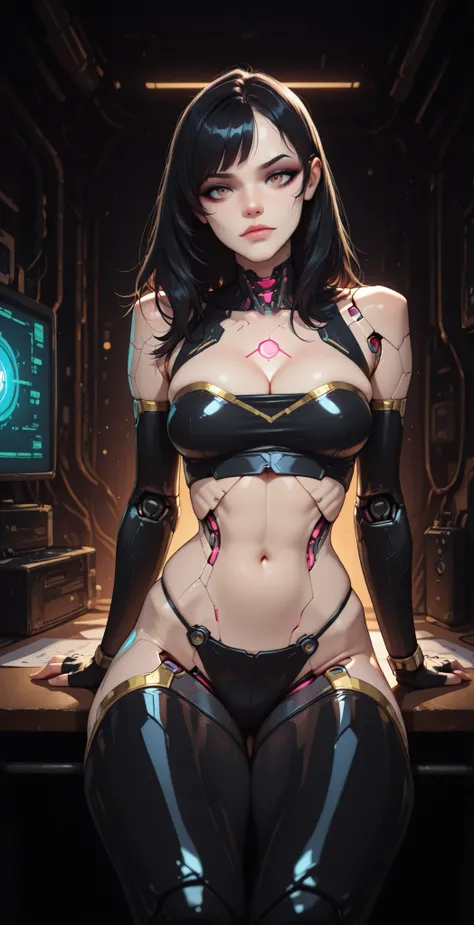 (masterpiece:1.35), (very aesthetic, best quality:1.3), highly detailed, dynamic lighting, dark environment, backlit, absurdres, detailed shading and textures, dark background, cyberpunk aesthetic, close-up, hyperdetailed anime style, (panel lines on skin)...