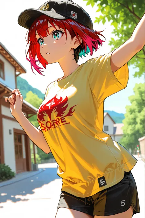 1girl, amate yuzuriha,short hair,red hair,multicolored hair,aqua eyes,multicolored eyes,cap,clear yellow T-shirt,black short pants,depth of field, fake traditional media, Picturesque, Impressionism, masterpiece, high score,  Great score , very high resolut...