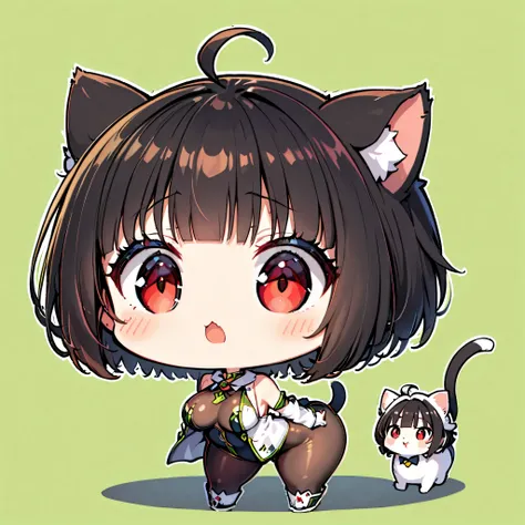 ((only one girl)), A dynamic ,  Illustration of vocaloid chibi,  full body, head on, solo,  junkotvv, big breasts, ((cat girl, cat ears)) ((One multicolorido black hair, (Ahoge), straight bangs,)), Long hair, ((beautiful red eyes)) sharp eye, Beautiful ski...
