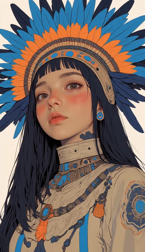 The impressive depiction is、Large, with a vivid headdress , spectacular blue and orange feathers stand out. adds an earthy color contrast to the shining feathers, Impressive and hall々that emphasizes traditional and artistic expression. torso, The headdres...