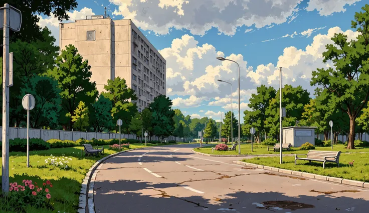 landscape, street, USSR vibes, panel buildings:2.5, panelki:2.5, many floors, many green trees, evening, summer, puddles on the asphalt, cloudy:1.5, grass, crossroad:1.5, cracks in the asphalt:0.5, soviet-style concrete fence:0.15, flowers:0.25, constructi...