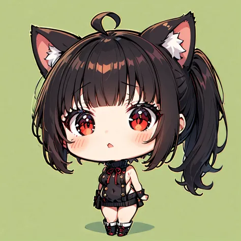 ((only one girl)), A dynamic ,  Illustration of vocaloid chibi,  full body, head on, solo,  junkotvv, big breasts, ((cat girl, cat ears)) ((One multicolorido black hair, (Ahoge), straight bangs,)), Long hair, ((beautiful red eyes)) sharp eye, Beautiful ski...