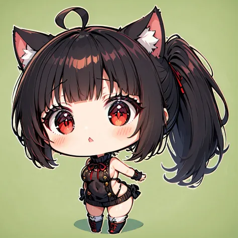 ((only one girl)), A dynamic ,  Illustration of vocaloid chibi,  full body, head on, solo,  junkotvv, big breasts, ((cat girl, cat ears)) ((One multicolorido black hair, (Ahoge), straight bangs,)), Long hair, ((beautiful red eyes)) sharp eye, Beautiful ski...