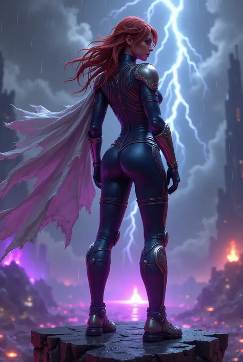 High quality, 4k, night scene. A woman in futuristic armor with long wavy red hair that reaches her back, her hair blowing in the wind, bangs, two buns, one on each side of her head, very detailed gray eyes, long eyelashes, beautiful face, golden beauty, b...