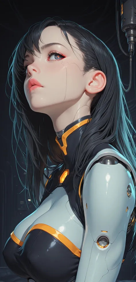 (masterpiece:1.35), (very aesthetic, best quality:1.3), highly detailed, dynamic lighting, dark environment, backlit, absurdres, detailed shading and textures, dark background, cyberpunk aesthetic, close-up, hyperdetailed anime style, (panel lines on skin)...