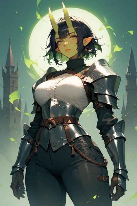 alone, (cowboy shot) female knight, full knight armour, full knight armour, dark pants, a girl with green skin, pointed ears, short black hair, green eyes, with glowing energy green Oni horns, wearing a white shirt, and black trousers., tower background.