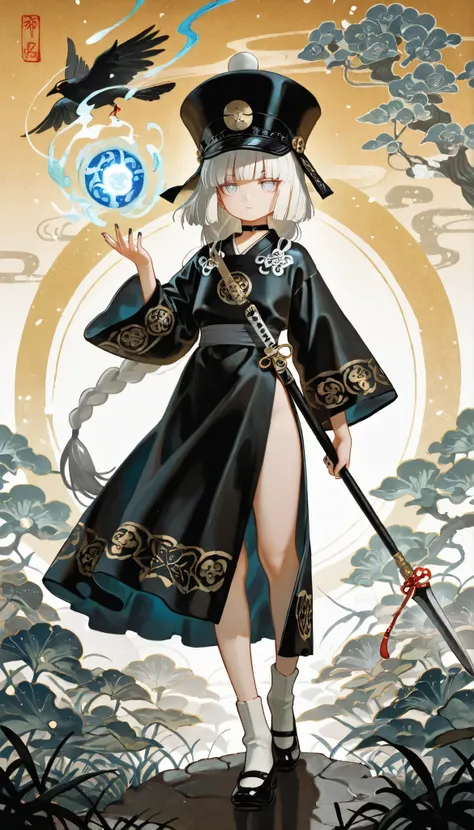 1girl, light lavender eyes, jitome, white Hair, blunt bangs, hime cut, small chest, big hat, black clothes, high waist, long Side slit skirt, Choker, bare legs, socks, black nails, flower pattern, masterpiece, best quality, Perfect details, perfect composi...