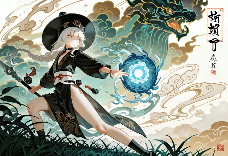 1girl, light lavender eyes, jitome, white Hair, blunt bangs, hime cut, small chest, big hat, black clothes, high waist, long Side slit skirt, Choker, bare legs, socks, black nails, flower pattern, masterpiece, best quality, Perfect details, perfect composi...