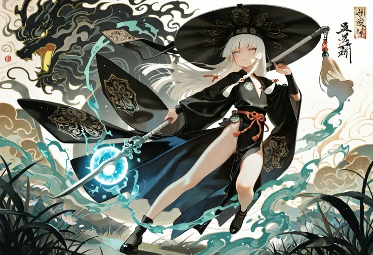 1girl, light lavender eyes, jitome, white Hair, blunt bangs, hime cut, small chest, big hat, black clothes, high waist, long Side slit skirt, Choker, bare legs, socks, black nails, flower pattern, masterpiece, best quality, Perfect details, perfect composi...