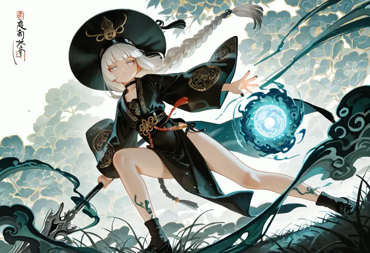 1girl, light lavender eyes, jitome, white Hair, blunt bangs, hime cut, small chest, big hat, black clothes, high waist, long Side slit skirt, Choker, bare legs, socks, black nails, flower pattern, masterpiece, best quality, Perfect details, perfect composi...