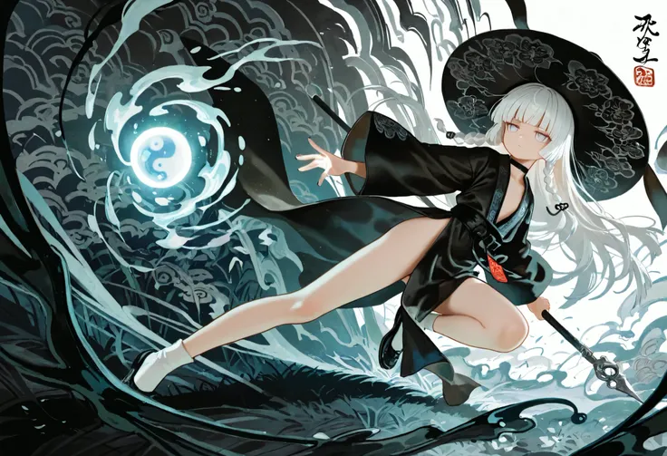 1girl, light lavender eyes, jitome, white Hair, blunt bangs, hime cut, small chest, big hat, black clothes, high waist, long Side slit skirt, Choker, bare legs, socks, black nails, flower pattern, masterpiece, best quality, Perfect details, perfect composi...