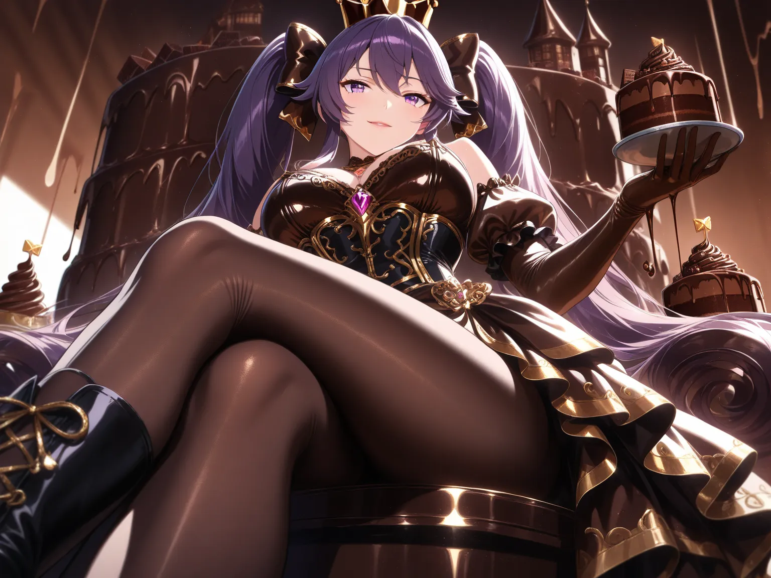 ung beautiful woman, solo, (incredibly high resolution, masterpiece, top quality, highly detailed, CG, high quality anime drawing), (twin tails, (multi-layered dress with overlapping chocolate drops: 1.2), (caramel satin gloves: 1.1), (caramel swirl high waist bodice: 1.3), (brown lace-up boots with gold accents: 1.1), (chocolate-shaped clutch bag with gold leaf details: 1.1), (chocolate crown: 1.2), brown pantyhose, melting chocolate, chocolate bar, chocolate, chocolate cake, highlighting fine texture, texture like melted chocolate), (purple hair, purple eyes, jitome: 1.2, beautiful legs, perfect female proportions, ideally proportioned body proportions, attractive proportions,), (smiling happily, sitting on a luxurious chocolate throne), (from below, focus on legs, foreshortening, cinematic lighting, simple background, luxurious chocolate castle,)