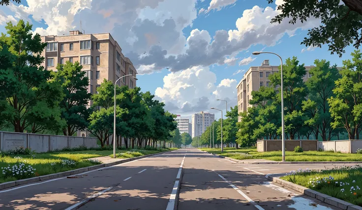 landscape, street, USSR vibes, panel buildings:2.5, panelki:2.5, many floors, many green trees, evening, summer, puddles on the asphalt, cloudy:1.5, grass, crossroad, cracks in the asphalt:0.5, soviet-style concrete fence:0.15, flowers:0.25, constructivism...