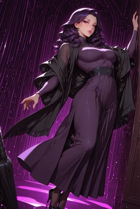 adult female, medium breasts, mature women, mature woman, 1girl, pink lips,, calm gaze purple eyes, white eyeliner, dark purple hair(Eminence shade), seamstress outfit(black shawl), medium breasts, toned body, medium length hair(midlle-back length), slight...