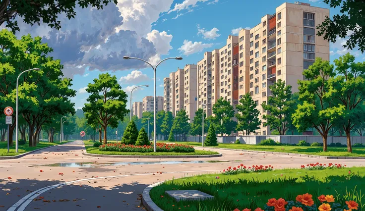 landscape, street, USSR vibes, panel buildings:2.5, panelki:2.5, many floors, many green trees, evening, summer, puddles on the asphalt, cloudy:1.5, grass, crossroad, soviet-style concrete fence:0.15, flowers:0.25, constructivism, without sun, street light...