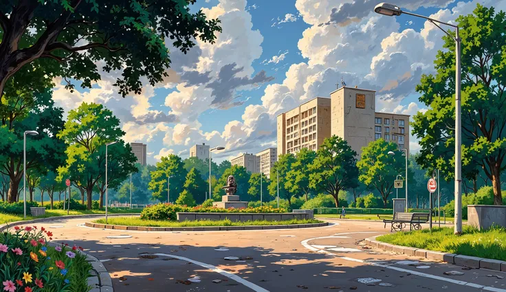 landscape, street, USSR vibes, panel buildings:2.5, panelki:2.5, many floors, many green trees, evening, summer, puddles on the asphalt, cloudy:1.5, grass, crossroad, soviet-style concrete fence:0.15, flowers:0.25, constructivism, without sun, street light...