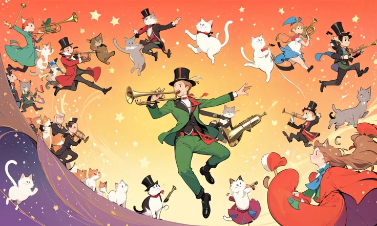 Santiago Caruso's style, jumping girl drawn in the lower right corner of the screen 【flat coated】- ((top quality)), Illustration, Mike Azevedo style by Ewa Poklewska-Koziełłło,Cartoon doodles , Boy playing the trumpet and the cat dancing in a good mood、Bip...
