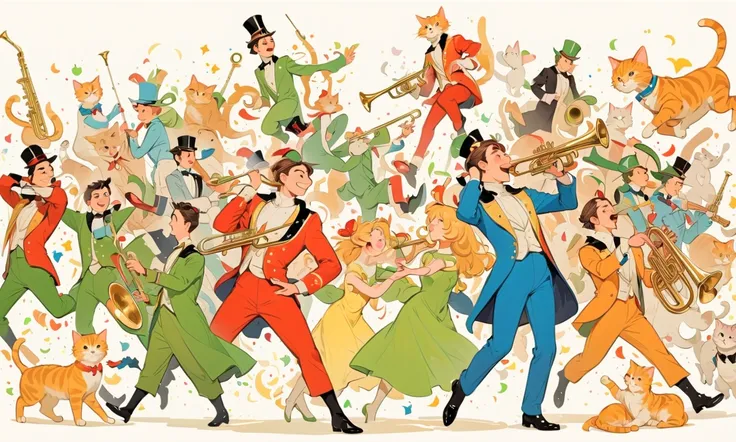 Santiago Caruso's style, jumping girl drawn in the lower right corner of the screen 【flat coated】- ((top quality)), Illustration, Mike Azevedo style by Ewa Poklewska-Koziełłło,Cartoon doodles , Boy playing the trumpet and the cat dancing in a good mood、Bip...
