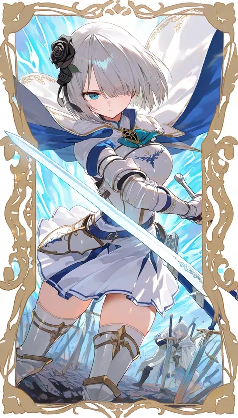(beautiful girl : 1.3),1 girl,(White Armor,white cloak with blue embroidery,Black Rose Hair Ornament,thigh,boots), Silver Hair,bob cut,Hair Over One Eye,anger,Abusive ,has a sword,battlefield,Many swords stuck in the ground,Blue and White Aura from Sword,dynamic angle,masterpiece,top quality,Rich Contrasts,High Definition,8k,High Definition CG Unit Wallpaper,Textures,unbelievably absurd,RAW pictures,Deep Border 1 .2,very detailed
