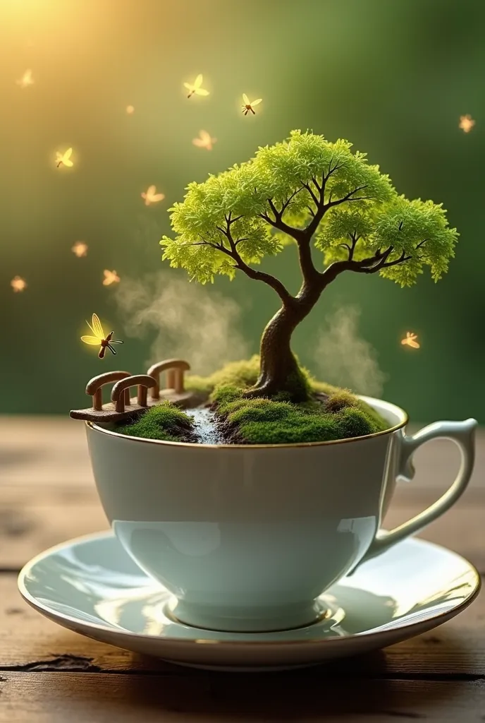 A tiny, lush forest growing inside a porcelain teacup. The cup is filled with mossy soil, and miniature trees with glowing leaves rise from it. Fireflies hover around the rim, and a small wooden bridge spans a stream of steaming tea. The background is soft and blurry, with a warm, golden light illuminating the scene.