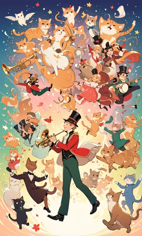 Santiago Caruso's style, jumping girl drawn in the lower right corner of the screen 【flat coated】- ((top quality)), Illustration, Mike Azevedo style by Ewa Poklewska-Koziełłło,Cartoon doodles , Boy playing the trumpet and the cat dancing in a good mood、Bip...