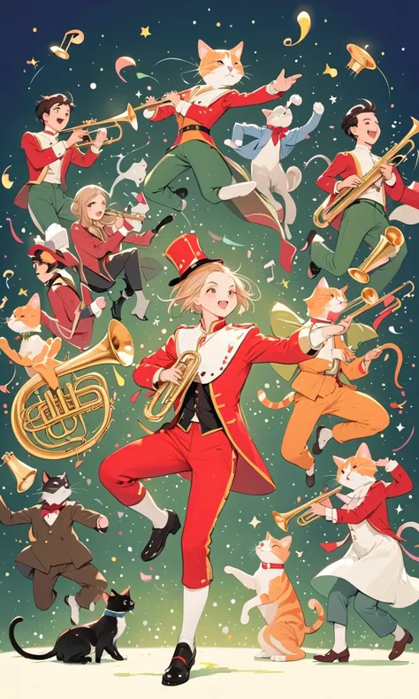 Santiago Caruso's style, jumping girl drawn in the lower right corner of the screen 【flat coated】- ((top quality)), Illustration, Mike Azevedo style by Ewa Poklewska-Koziełłło,Cartoon doodles , Boy playing the trumpet and the cat dancing in a good mood、Bip...