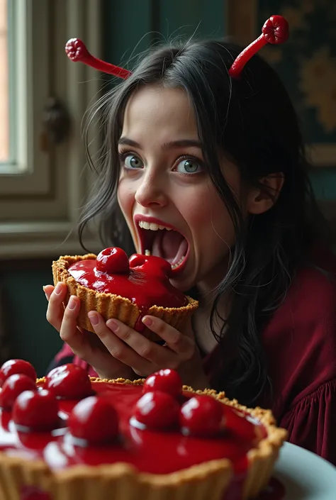 Venom girl,eagerly bites the cake, Flow of Slugs, overeating cherry pie, that melts in the heat, detailed realistic visualization, deep picturesque realism, complex background, high-quality 8K, warm tones, spectacular dramatic lighting, dark and rich atmos...