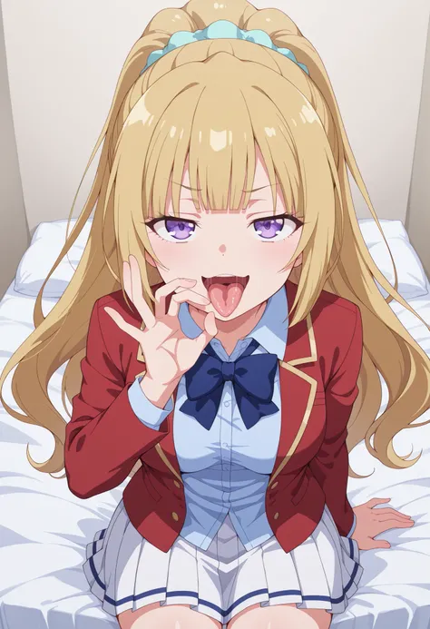 kei karuizawa, long hair, bangs, blunt bangs, purple eyes, highlight eyes, glare eyes, blonde hair, shirt, hair ornament, ponytail, scrunchie, blue scrunchie, medium breasts, white skirt, shirt, bow, school uniform, jacket, red jacket, pleated skirt, bowti...