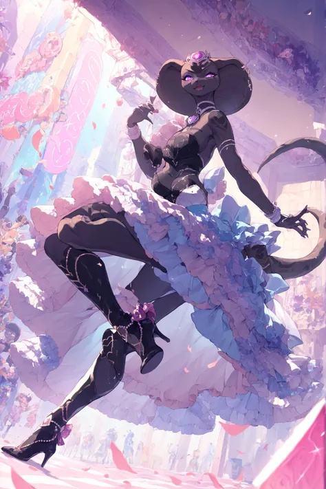Best quality, high resolution, masterpiece

cobra humanoid, curvy figure,  furry cobra, fantasy, purple neon eyes, high resolution, white and black skin, full-length
Pop singer, idol singer, on scene, idol tiny dress, high heels, thing-high boots