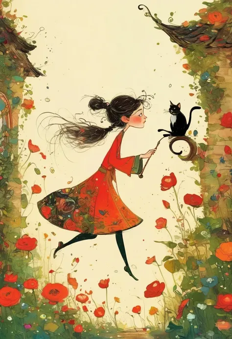 Santiago Caruso's style, jumping girl drawn in the lower right corner of the screen 【flat coated】- ((top quality)), Illustration, Mike Azevedo style by Ewa Poklewska-Koziełłło,Cartoon doodles , Boy playing the trumpet and the cat dancing in a good mood、Bip...