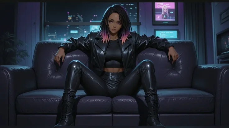 A BLACK WOMAN WITH DREADLOOKS HAIR sitting on a sofa. Your costume consists of a shiny black leather set that includes a tight jacket, crop top, and high-waisted pants, ousado,  The outfit is combined with, black lace-up boots that convey a, Strong presenc...