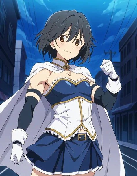 傑作、Best quality、Best image quality、Best resolution、anime coloring、anime screencap、amazing quality、1man、ichika orimura、、ichika orimura、solo、black hair、short hair、brown eyes、、miki sayaka cosplay、miki sayaka (cosplay)、crossdressing、belt、black sleeves、blue ski...