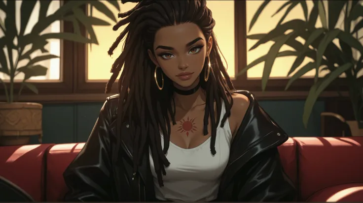 A black woman with dreadlooks hair sits down casually on a red couch, wearing a black leather jacket that is slightly pulled back to reveal a white blouse underneath. The bedroom is bathed in heat, luz dourada, suggesting either sunrise or sunset, , seen f...