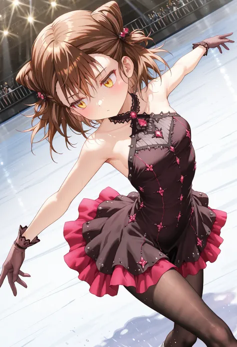 masterpiece,perfect anatomy,high resolution, ultra-detailed,beautiful detailed eyes,dutch angle,absurdres,Ryouka_MIKETA,(petite:1.3),brown hair,cone hair bun,short hair,yellow eyes,double bun,Figure skating,pink and black dress,short dress,bare shoulders,g...