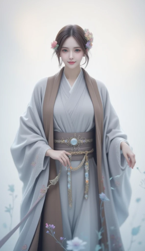 japanese robe ,uchikake,a female character dressed in an elaborate, traditional outfit with intricate embroidery and gemstones.  her attire includes flowing robes and a detailed belt. The background is minimalistic, featuring a soft, ethereal atmosphere with subtle hints of blue and white, giving a serene and mystical feel. The camera angle is slightly above and to the side of the character, capturing her from the waist up. The overall style is highly detailed and artistic, with a focus on elegance and fantasy.