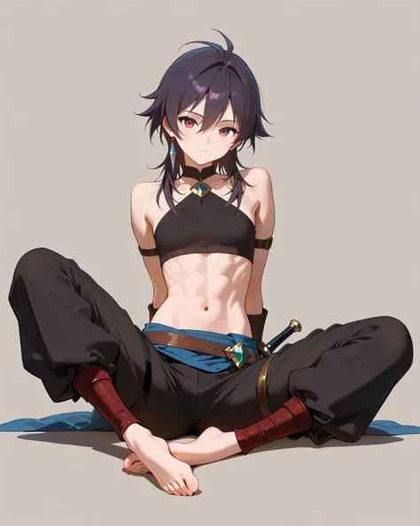 masterpiece,top quality,Super Detailed、High Definition、8K Quality、Simple Background、Adult, toned body、Fantasy world clothes,、long pants、both feet are on the ground、Fight motion、A large fan、Dagger