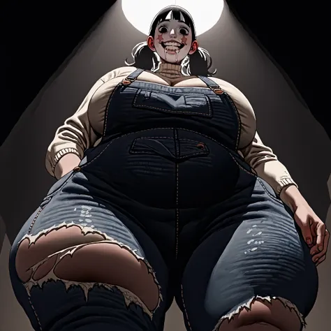 Breasts, cleavage, large breasts, Score_9, score_8_up, score_7_up, score_6_up, score_5_up, score_4_up, Anime Manga style, ((full view)) A character created for a horror comedy, a very tall striking BBW with twin tails hair, black hair. In striped overalls,...