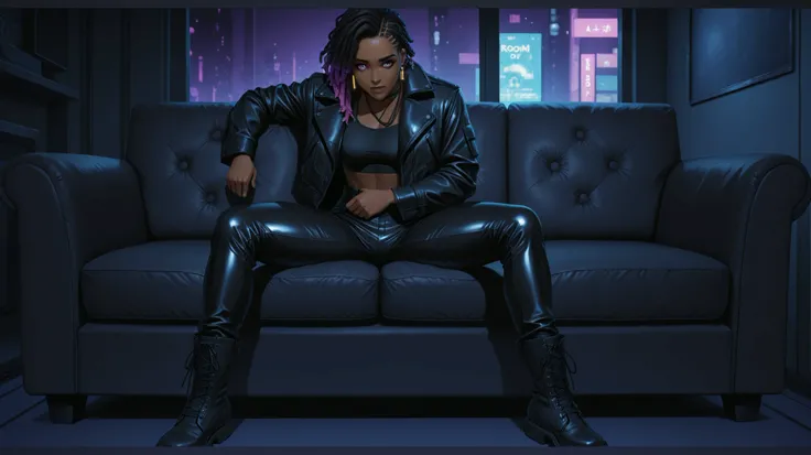 A BLACK WOMAN WITH DREADLOOKS HAIR sitting on a sofa. Your costume consists of a shiny black leather set that includes a tight jacket, crop top, and high-waisted pants, ousado,  The outfit is combined with, black lace-up boots that convey a, Strong presenc...