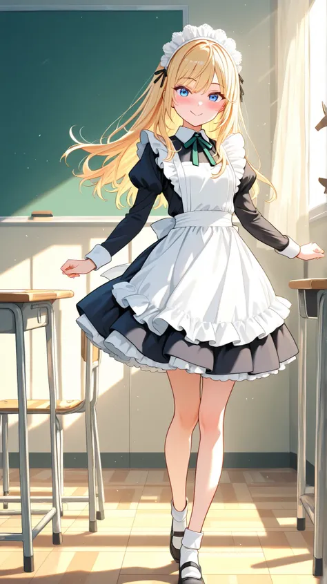 Anime style, classroom scene with desks and chairs pushed aside, cute schoolgirls, wearing miniskirts and maid outfits, white aprons with frills, lace headdresses, bright and smiling expressions, blushing,
Break,
Lively atmosphere, bright sunlight illumina...