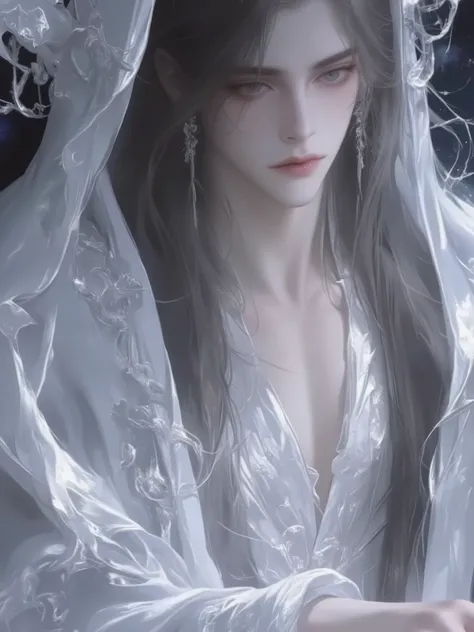 a handsome man with long hair antique black hair,a handsome man with long hair, Ancient brunette in a fairytale blue Hanfu, traditional Chinese clothing , double eyelid,Jewel Eyes