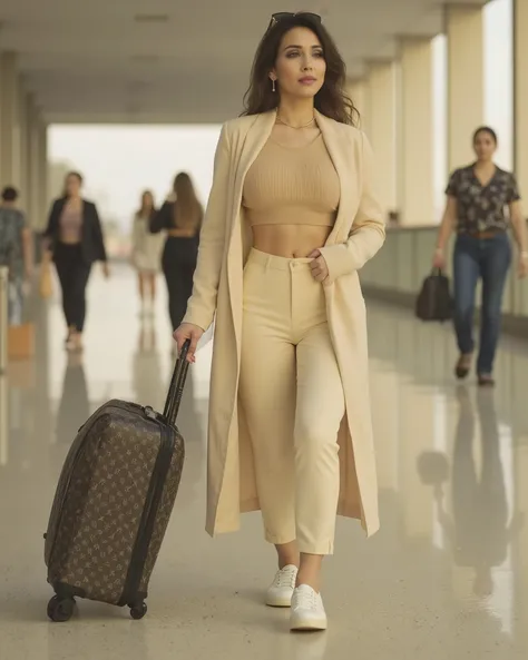 cinematic 4K lifestyle image of a beautiful young woman walking through a sunlit airport terminal, wearing a beige crop sweater, high-waisted wide-leg trousers, stylish white sneakers, and a cream trench coat draped over one arm, pulling a designer rolling...