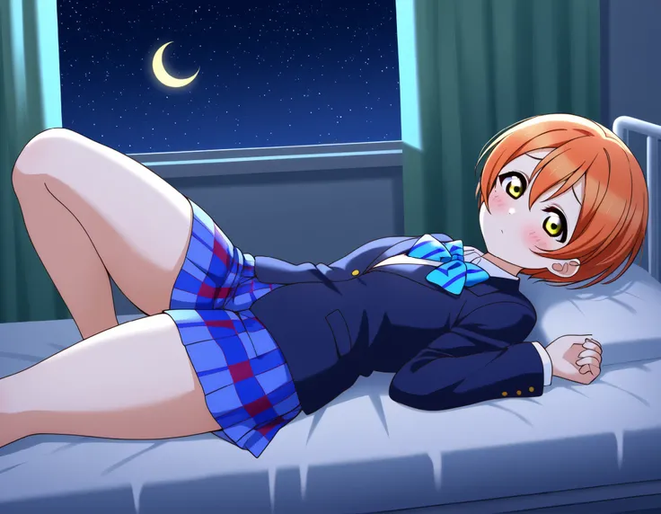 1girl, hoshizora rin, striped, short hair, blush, otonokizaka school uniform, lovelive_rin black blazer, blue plaid skirt, blue stripe bowtie, orange hair, very short hair, hair between eyes, yellow green eyes,thick thighs,knee up,crescent moon, stars (sky...